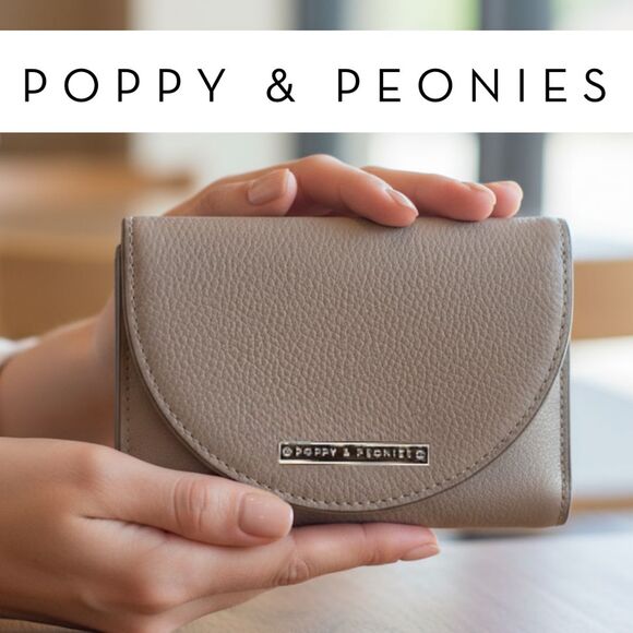 Poppy & Peonies Wallet MARGAUX Zip Vegan Leather Trifold Coin Purse Gray Gold - Picture 1 of 8
